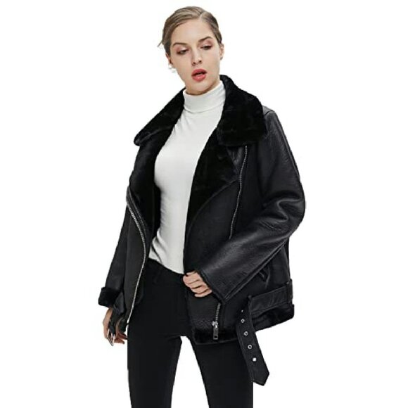 Women's Faux Shearling Moto Jacket Thick Lined Parka Winter Coat - Picture 6 of 8